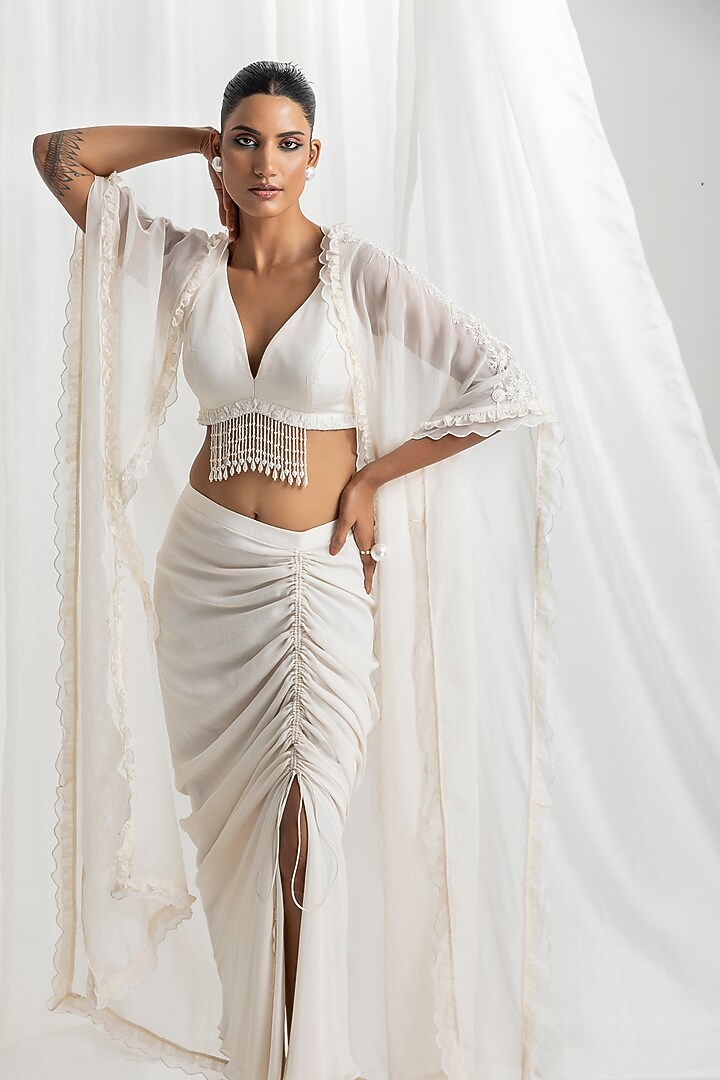 Ivory Georgette Cowl Skirt Set by Seema Thukral at Pernia's Pop Up Shop