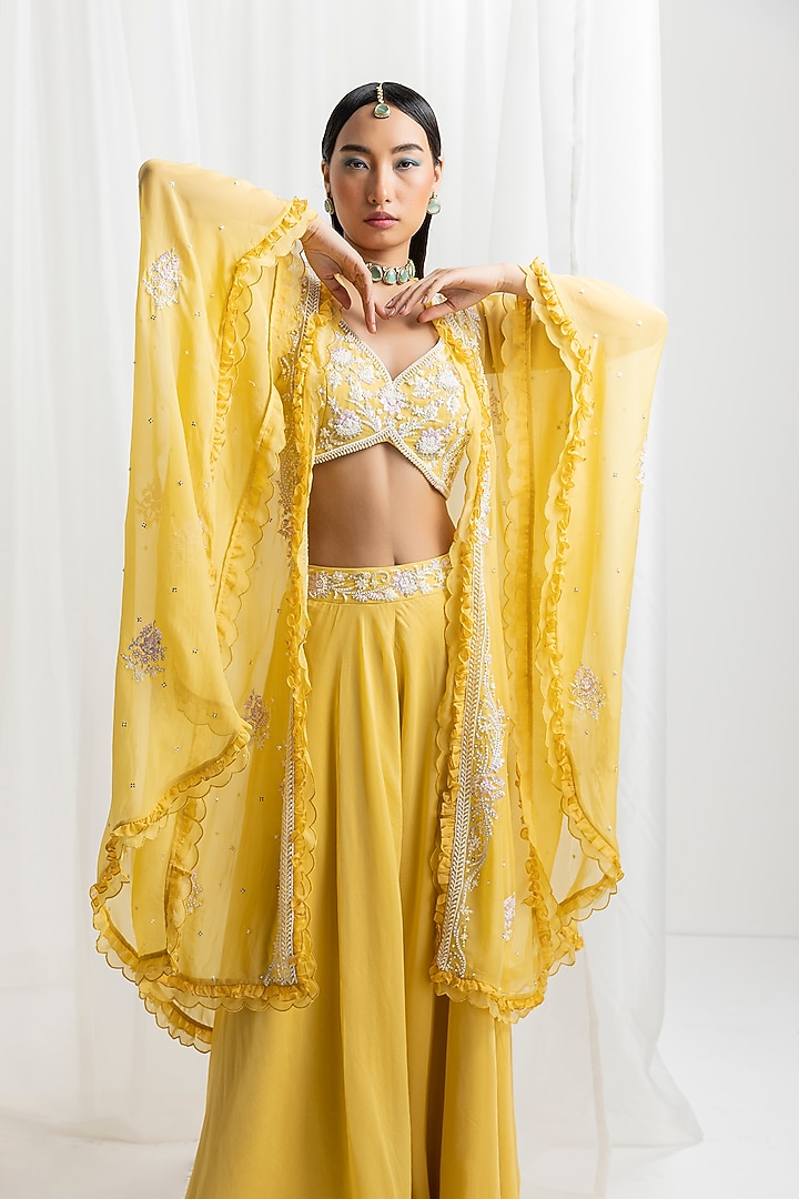 Yellow Organza & Crepe Wedding Sharara Set by Seema Thukral at Pernia's Pop Up Shop