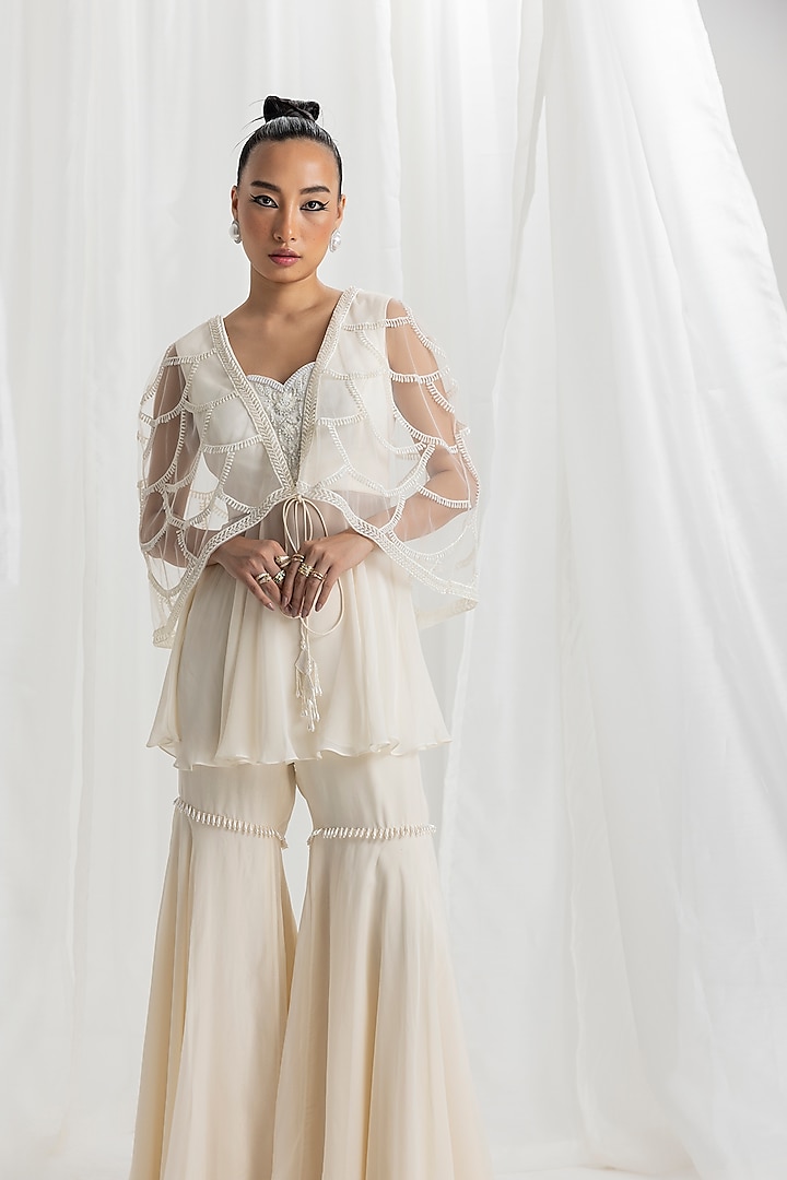 Ivory Organza & Crepe Embellished Gharara Set by Seema Thukral at Pernia's Pop Up Shop