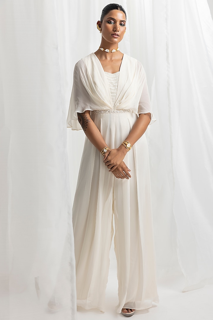 Ivory Georgette Embellished Draped Jumpsuit by Seema Thukral at Pernia's Pop Up Shop