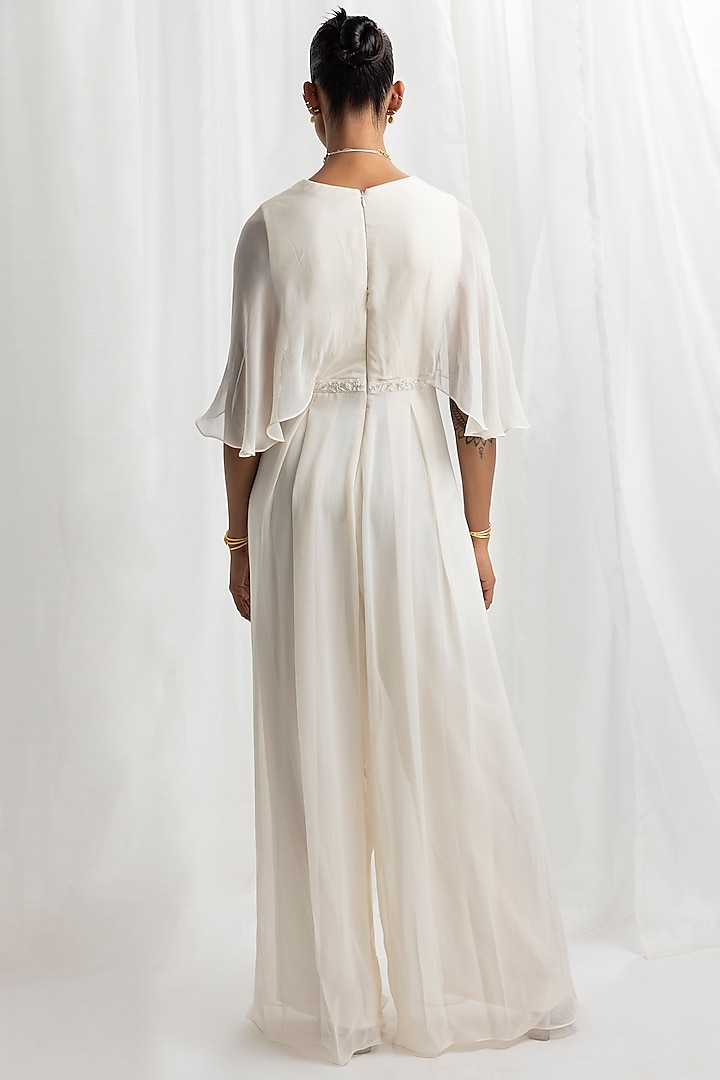 Ivory Georgette Embellished Draped Jumpsuit by Seema Thukral at Pernia's Pop Up Shop