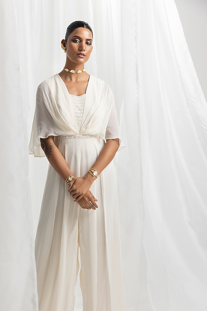 Ivory Georgette Embellished Draped Jumpsuit by Seema Thukral at Pernia's Pop Up Shop