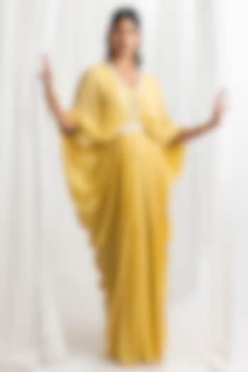 Yellow Chiffon Embellished Draped Cowl Kaftan by Seema Thukral at Pernia's Pop Up Shop