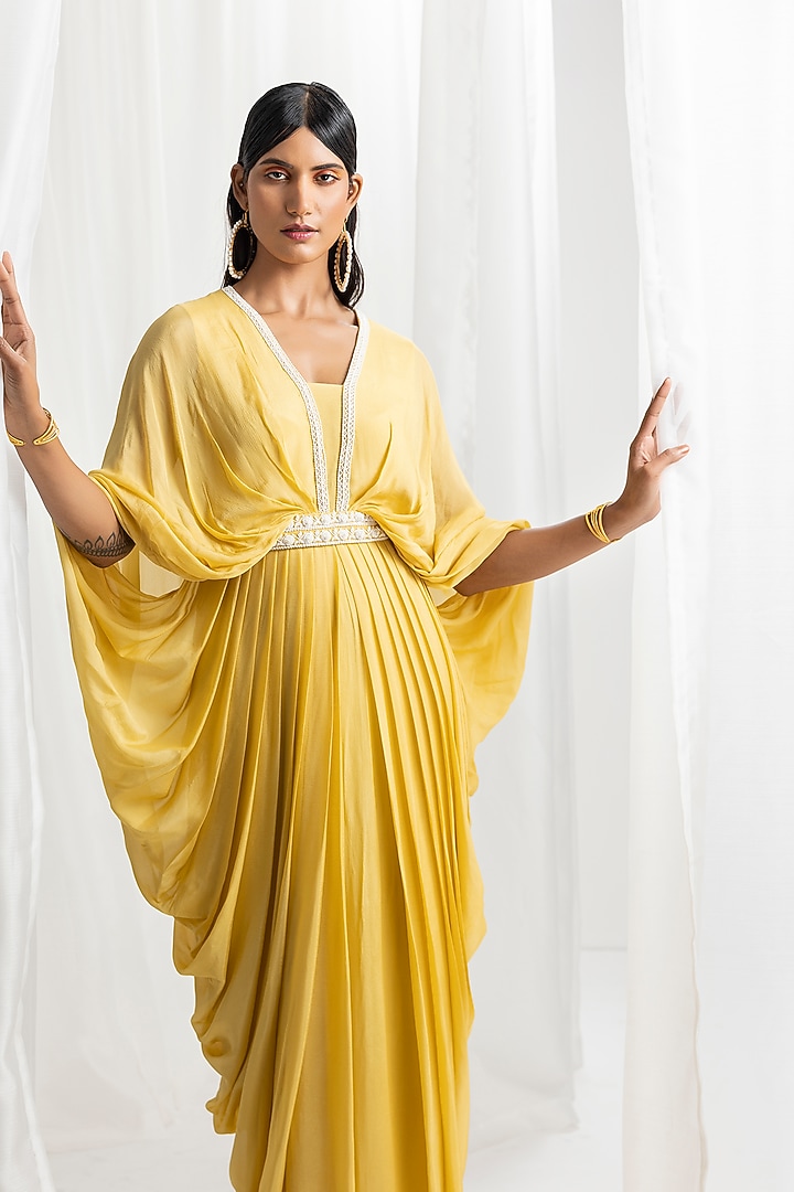 Yellow Chiffon Embellished Draped Cowl Kaftan by Seema Thukral at Pernia's Pop Up Shop