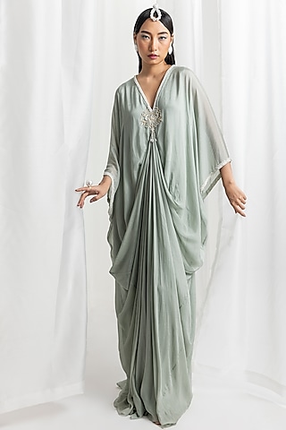 Sage Green Chiffon Embellished Draped Kaftan by Seema Thukral