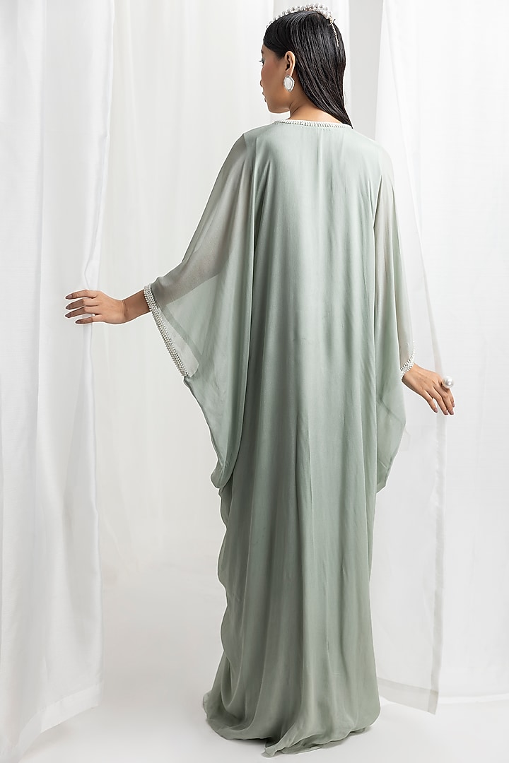 Sage Green Chiffon Embellished Draped Kaftan by Seema Thukral at Pernia's Pop Up Shop