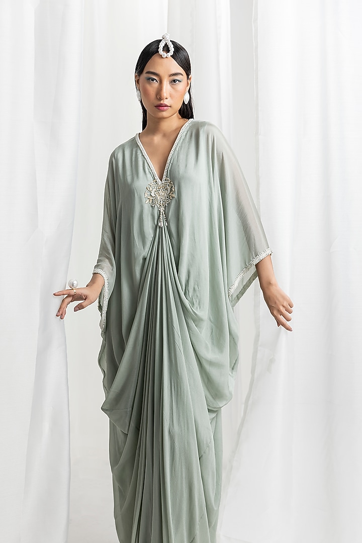 Sage Green Chiffon Embellished Draped Kaftan by Seema Thukral at Pernia's Pop Up Shop