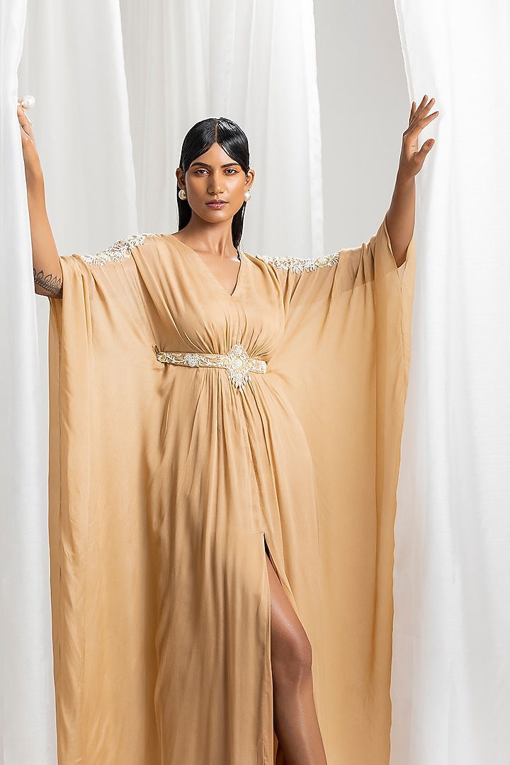 Dune Gold Chiffon Embellished Kaftan With Belt by Seema Thukral at Pernia's Pop Up Shop