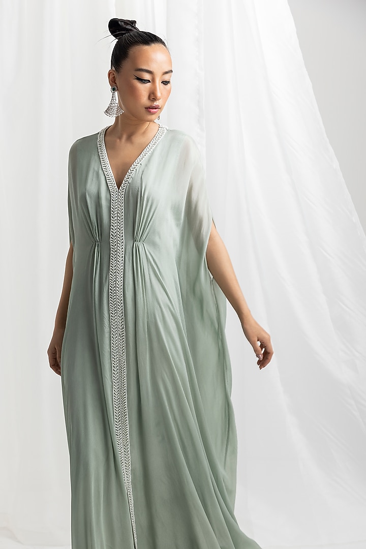 Sage Green Chiffon Embellished Pleated Kaftan by Seema Thukral at Pernia's Pop Up Shop