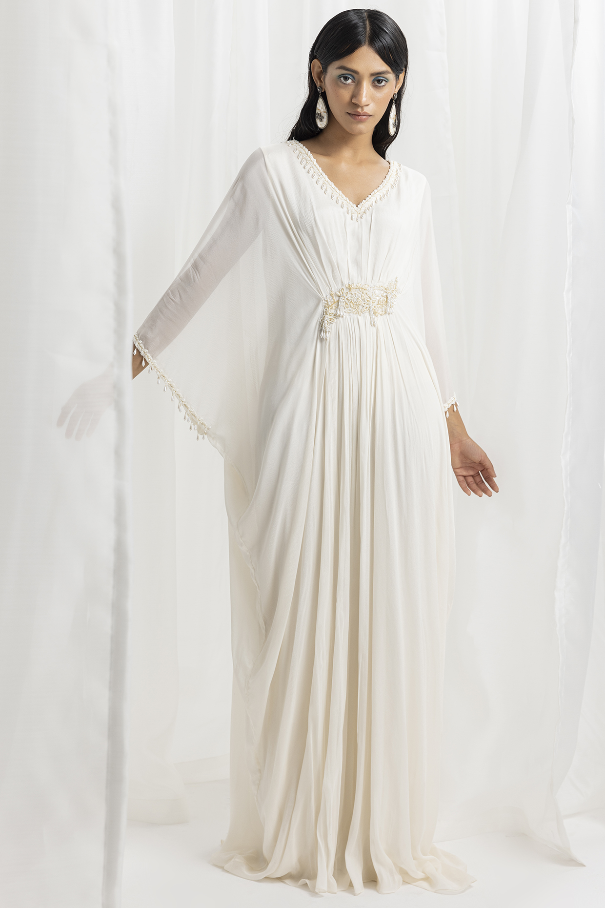 Ivory Chiffon Embellished Kaftan by Seema Thukral at Pernia's Pop Up Shop