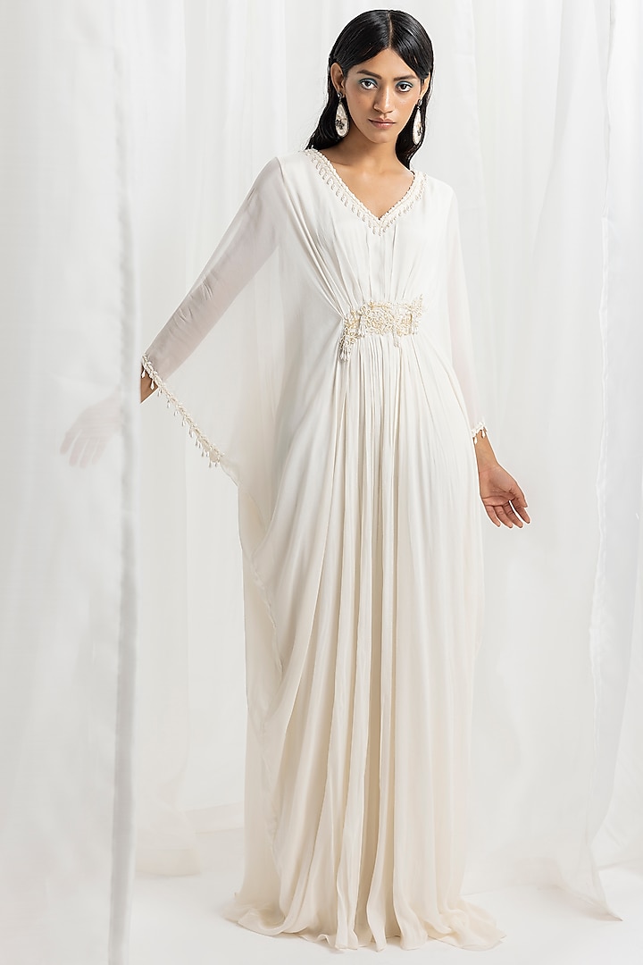 Ivory Chiffon Embellished Kaftan by Seema Thukral at Pernia's Pop Up Shop