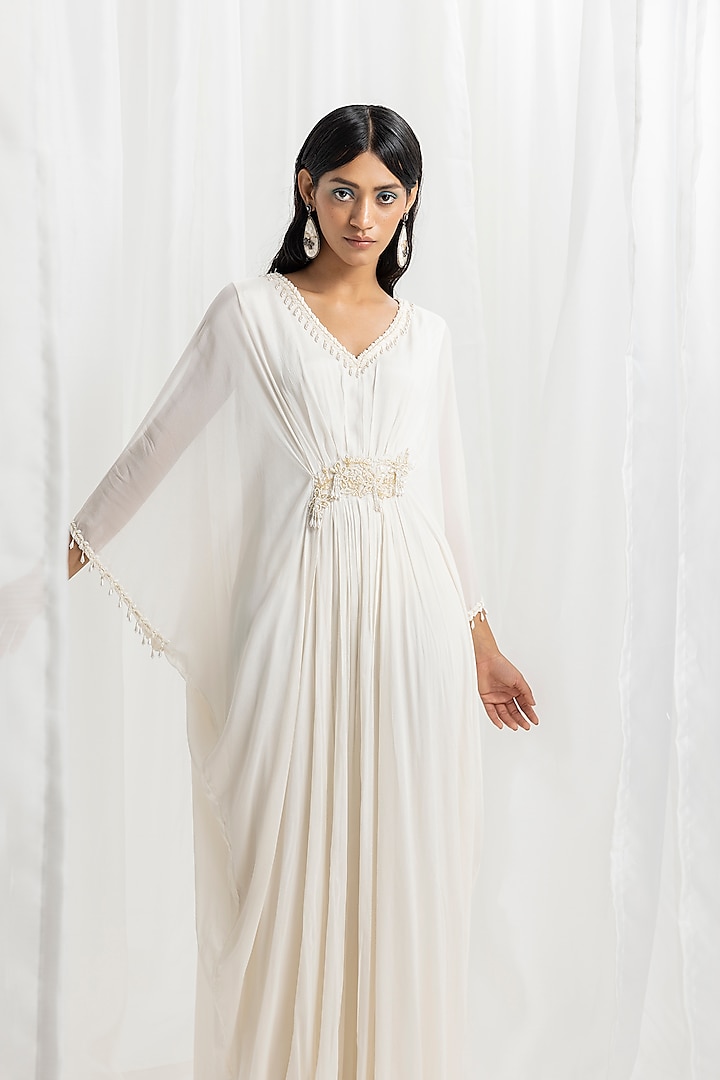 Ivory Chiffon Embellished Kaftan by Seema Thukral at Pernia's Pop Up Shop