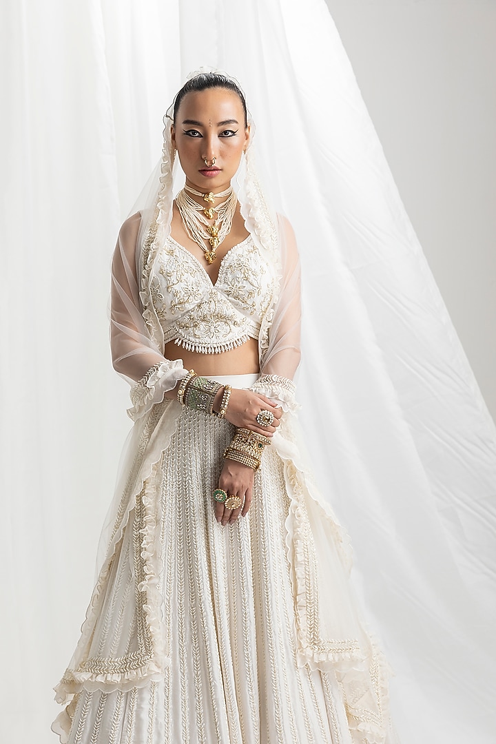 Ivory Habutai Silk Embellished Bridal Lehenga Set by Seema Thukral at Pernia's Pop Up Shop