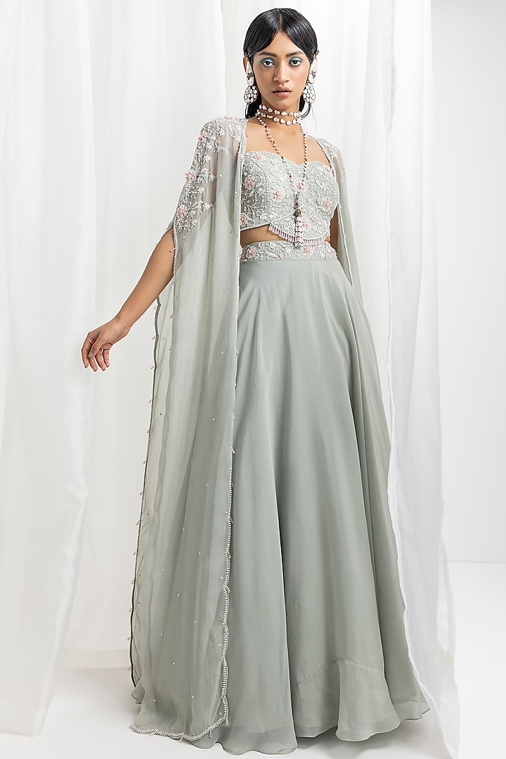 Sage Green Organza & Crepe Embellished Wedding Lehenga Set by Seema Thukral at Pernia's Pop Up Shop