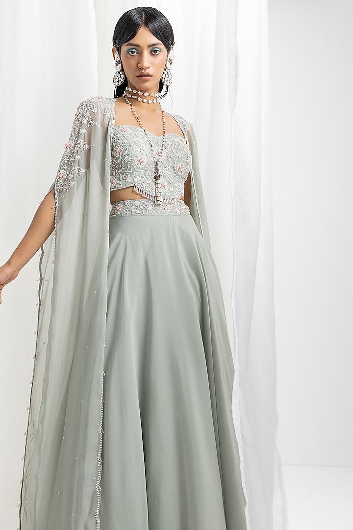 Sage Green Organza & Crepe Embellished Wedding Lehenga Set by Seema Thukral at Pernia's Pop Up Shop