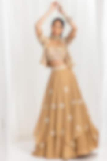 Dune Gold Organza Embellished Asymmetrical Ruffled Skirt Set by Seema Thukral at Pernia's Pop Up Shop