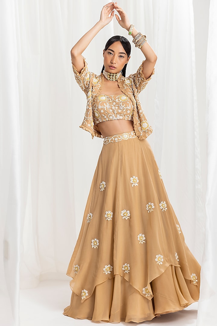 Dune Gold Organza Embellished Asymmetrical Ruffled Skirt Set by Seema Thukral at Pernia's Pop Up Shop