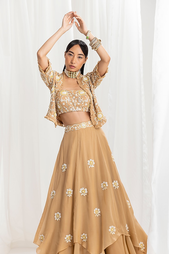Dune Gold Organza Embellished Asymmetrical Ruffled Skirt Set by Seema Thukral at Pernia's Pop Up Shop