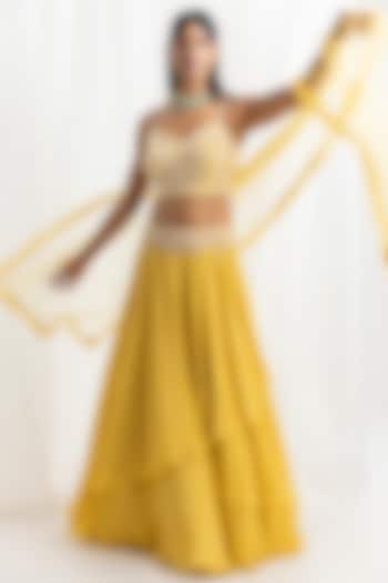 Yellow Chiffon Embellished Asymmetrical Skirt Set by Seema Thukral at Pernia's Pop Up Shop