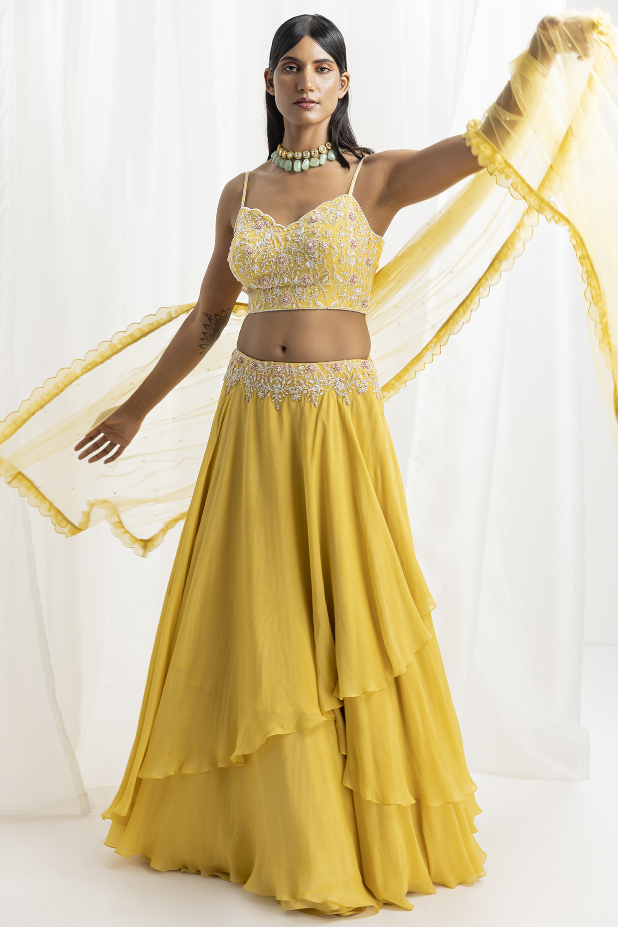 Yellow Chiffon Embellished Asymmetrical Skirt Set by Seema Thukral at Pernia's Pop Up Shop