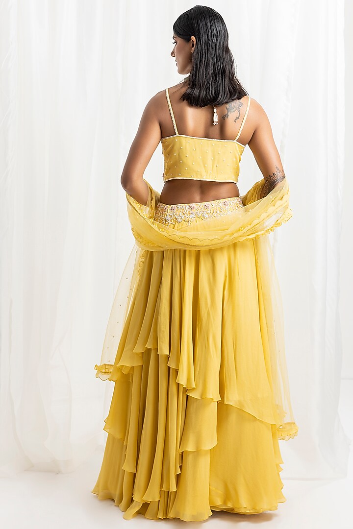 Yellow Chiffon Embellished Asymmetrical Skirt Set by Seema Thukral at Pernia's Pop Up Shop