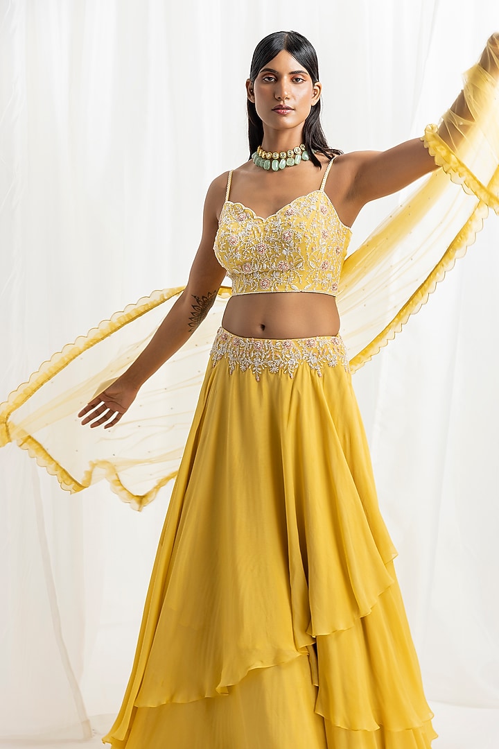 Yellow Chiffon Embellished Asymmetrical Skirt Set by Seema Thukral at Pernia's Pop Up Shop