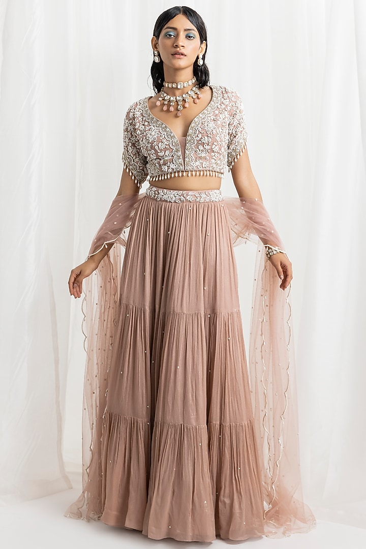 Dusty Pink Chiffon Embellished Tiered Skirt Set by Seema Thukral at Pernia's Pop Up Shop