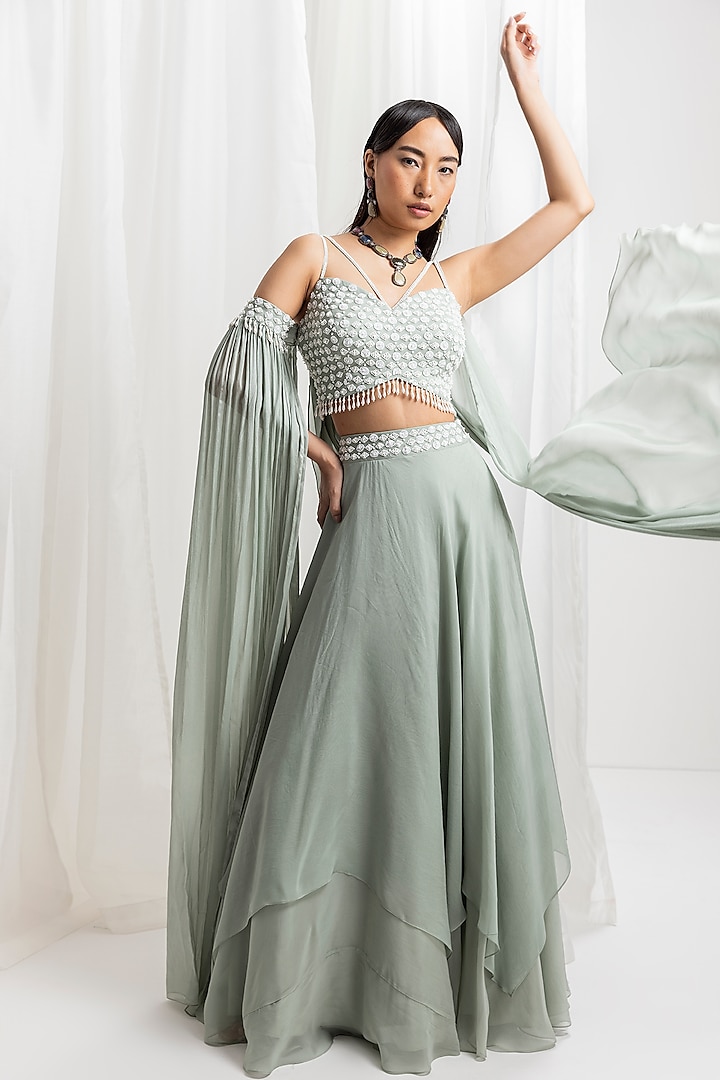 Sage Green Organza & Crepe Asymmetrical Skirt Set by Seema Thukral