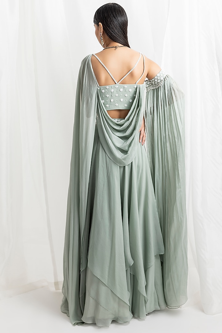 Sage Green Organza & Crepe Asymmetrical Skirt Set by Seema Thukral at Pernia's Pop Up Shop