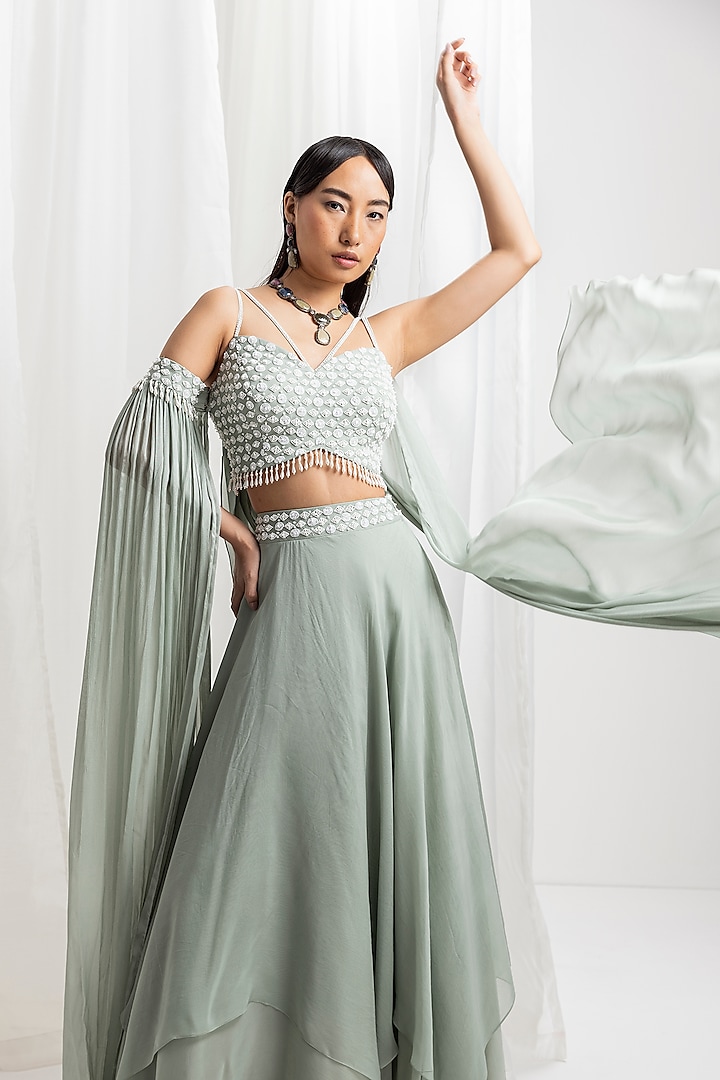 Sage Green Organza & Crepe Asymmetrical Skirt Set by Seema Thukral at Pernia's Pop Up Shop