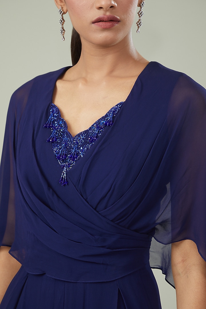 Electric Blue Georgette Embroidered Jumpsuit by Seema Thukral at Pernia's Pop Up Shop