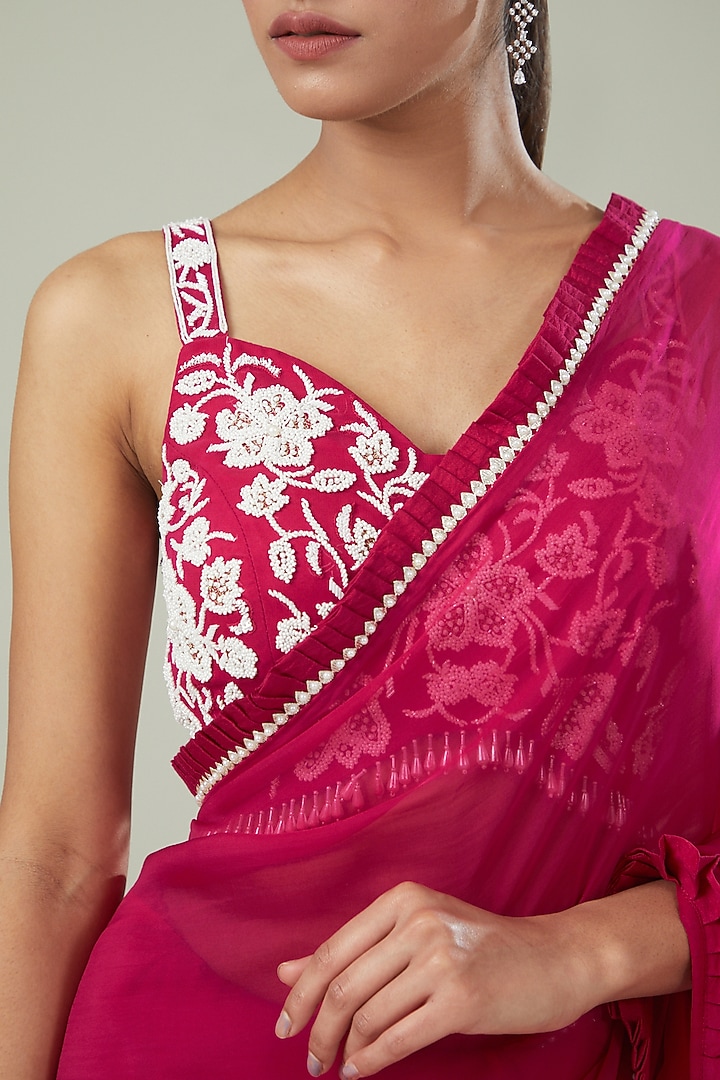 Fuchsia Pink Organza Wedding Saree Set by Seema Thukral at Pernia's Pop Up Shop