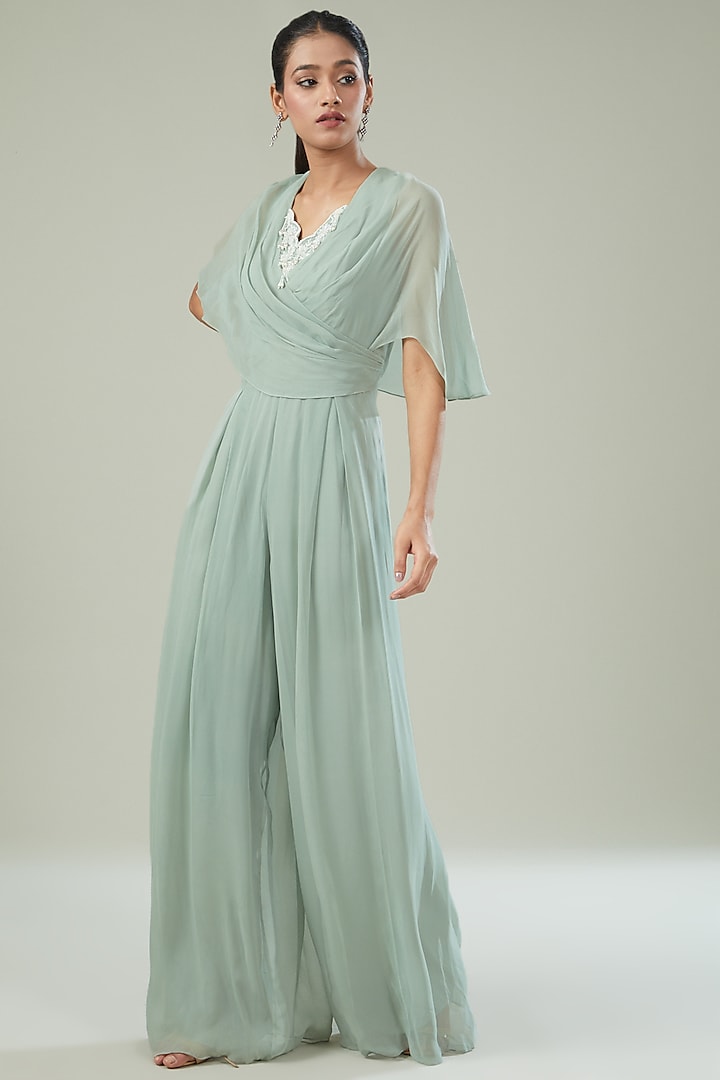 Pastel Green Georgette Embroidered Pleated Jumpsuit by Seema Thukral at Pernia's Pop Up Shop