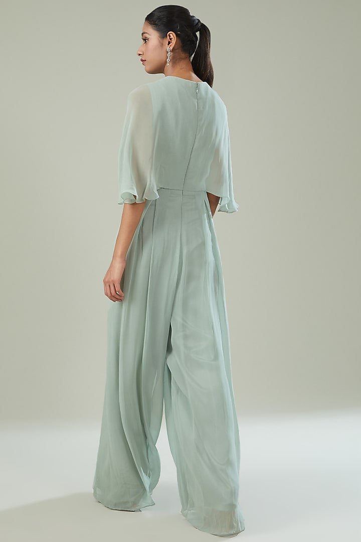 Pastel Green Georgette Embroidered Pleated Jumpsuit by Seema Thukral at Pernia's Pop Up Shop