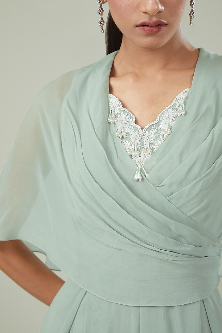 Pastel Green Georgette Embroidered Pleated Jumpsuit by Seema Thukral at Pernia's Pop Up Shop