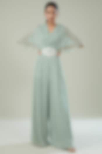 Pastel Green Georgette Embroidered Pleated Jumpsuit by Seema Thukral at Pernia's Pop Up Shop