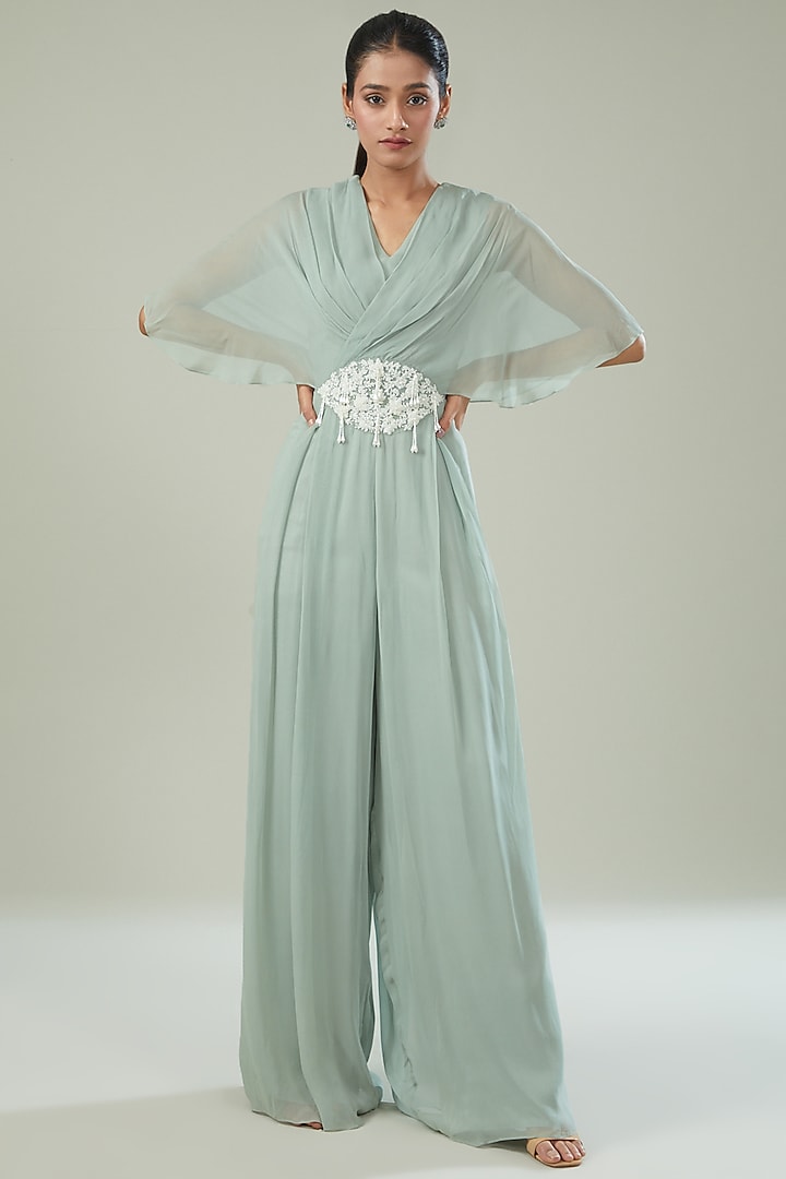 Pastel Green Georgette Embroidered Pleated Jumpsuit by Seema Thukral at Pernia's Pop Up Shop