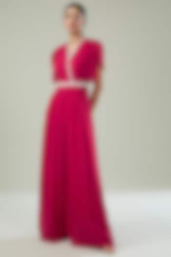 Fuchsia Pink Georgette Embroidered Pleated Jumpsuit by Seema Thukral