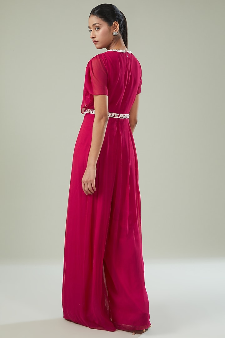 Fuchsia Pink Georgette Embroidered Pleated Jumpsuit by Seema Thukral at Pernia's Pop Up Shop