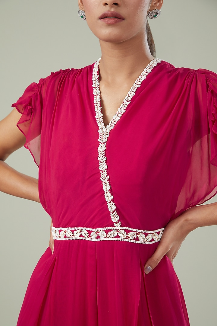 Fuchsia Pink Georgette Embroidered Pleated Jumpsuit by Seema Thukral at Pernia's Pop Up Shop