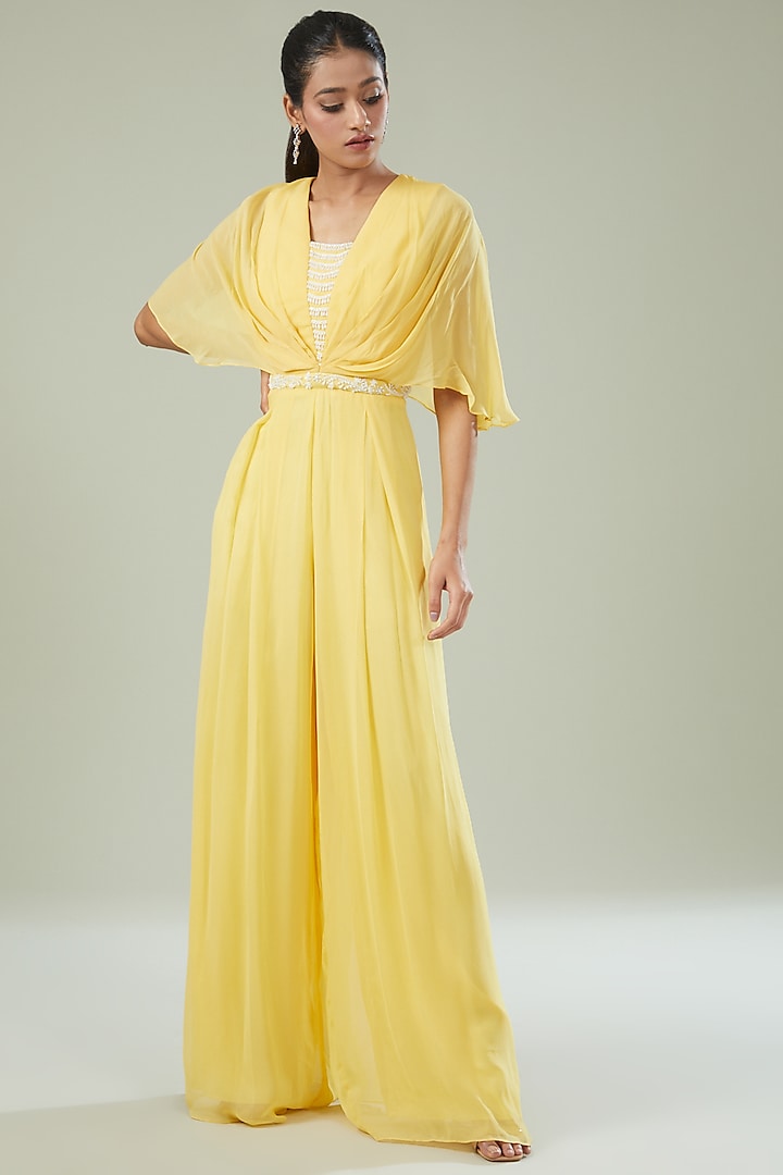 Yellow Georgette Embroidered Pleated Jumpsuit by Seema Thukral at Pernia's Pop Up Shop