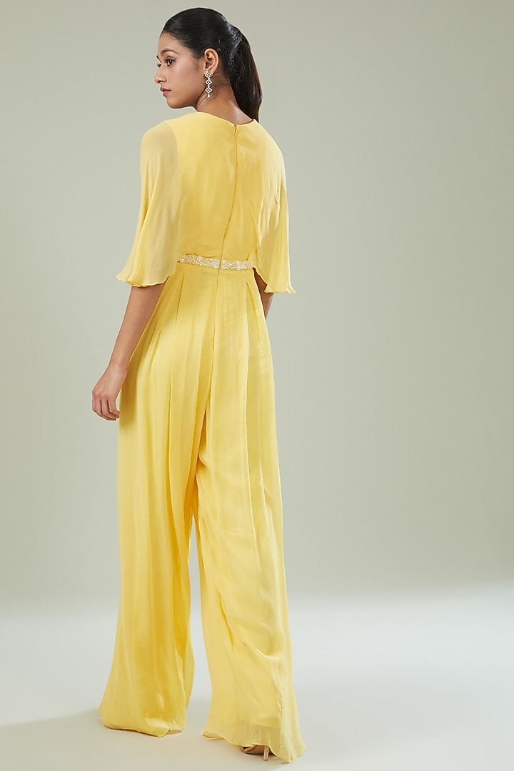 Yellow Georgette Embroidered Pleated Jumpsuit by Seema Thukral at Pernia's Pop Up Shop