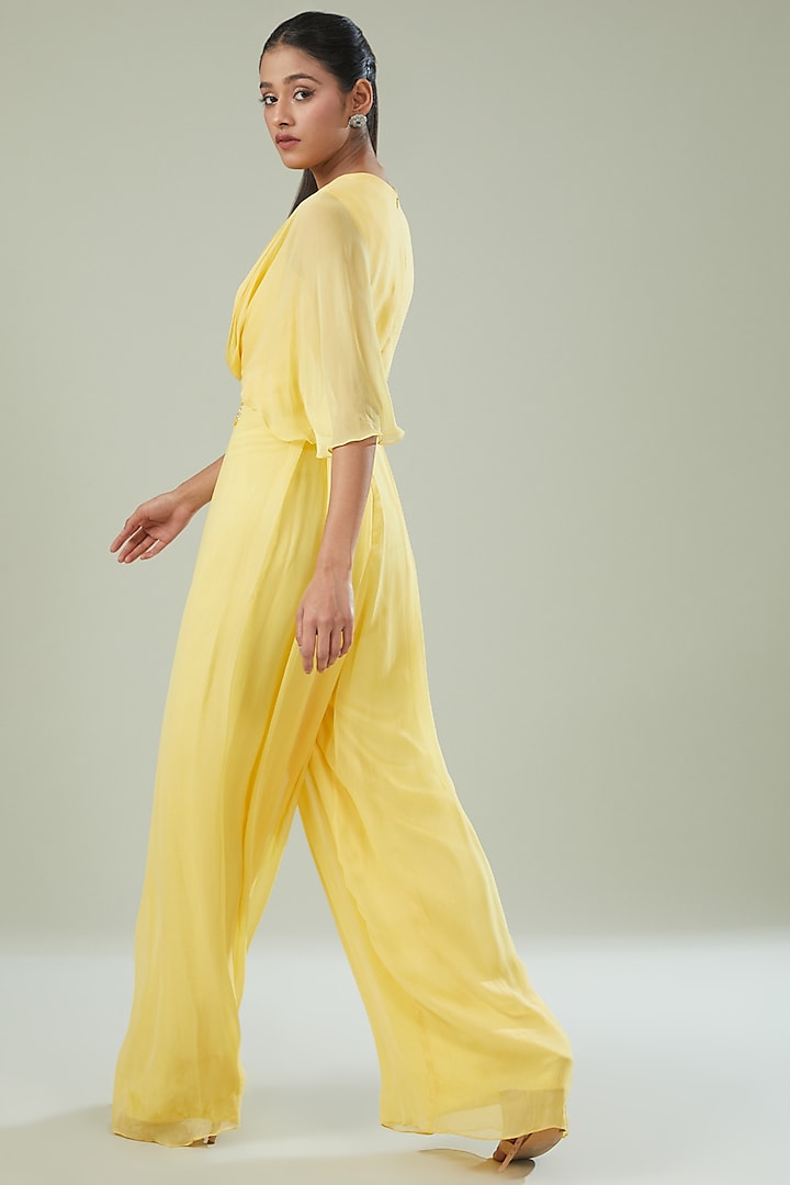 Yellow Georgette Embroidered Pleated Jumpsuit by Seema Thukral at Pernia's Pop Up Shop