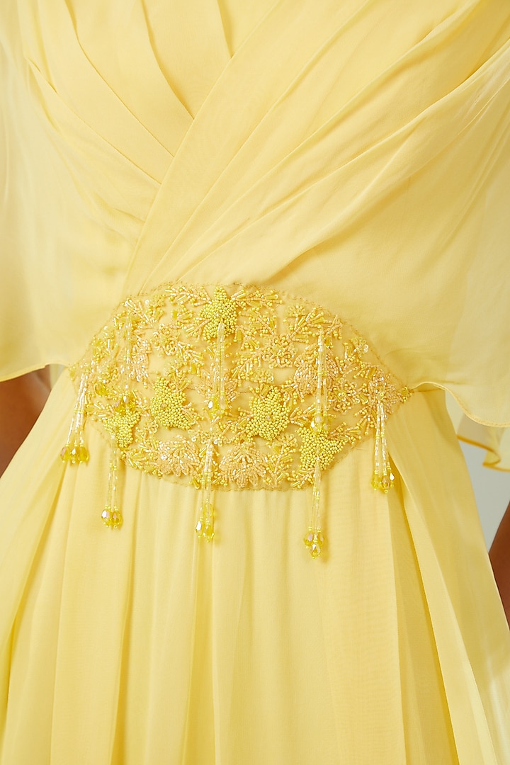 Yellow Georgette Embroidered Pleated Jumpsuit by Seema Thukral at Pernia's Pop Up Shop