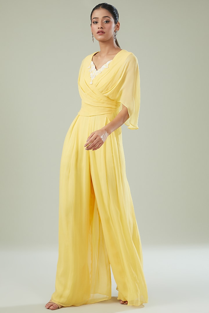 Yellow Georgette Embroidered Pleated Jumpsuit by Seema Thukral at Pernia's Pop Up Shop