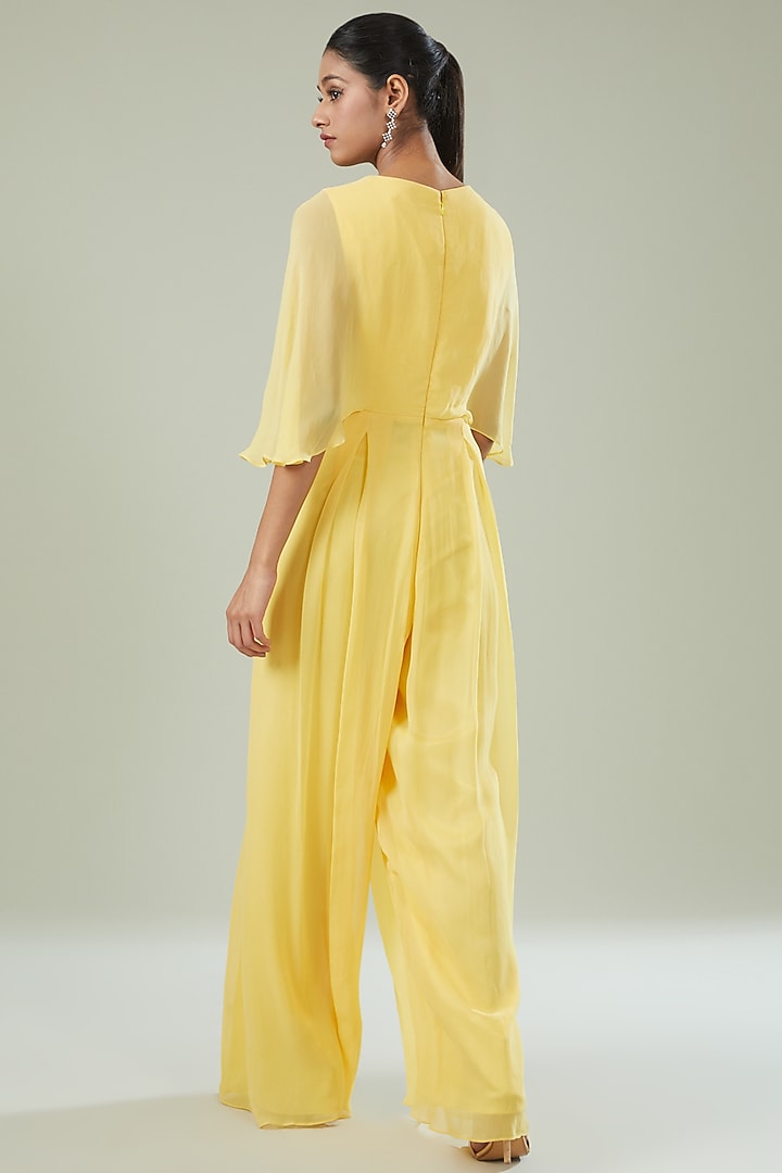 Yellow Georgette Embroidered Pleated Jumpsuit by Seema Thukral at Pernia's Pop Up Shop