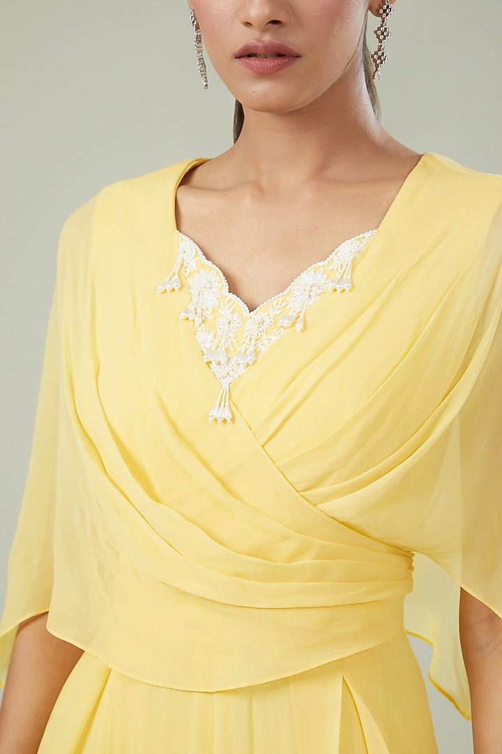 Yellow Georgette Embroidered Pleated Jumpsuit by Seema Thukral at Pernia's Pop Up Shop