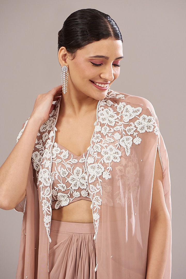 Dusty Pink Georgette Draped Skirt Set by Seema Thukral at Pernia's Pop Up Shop