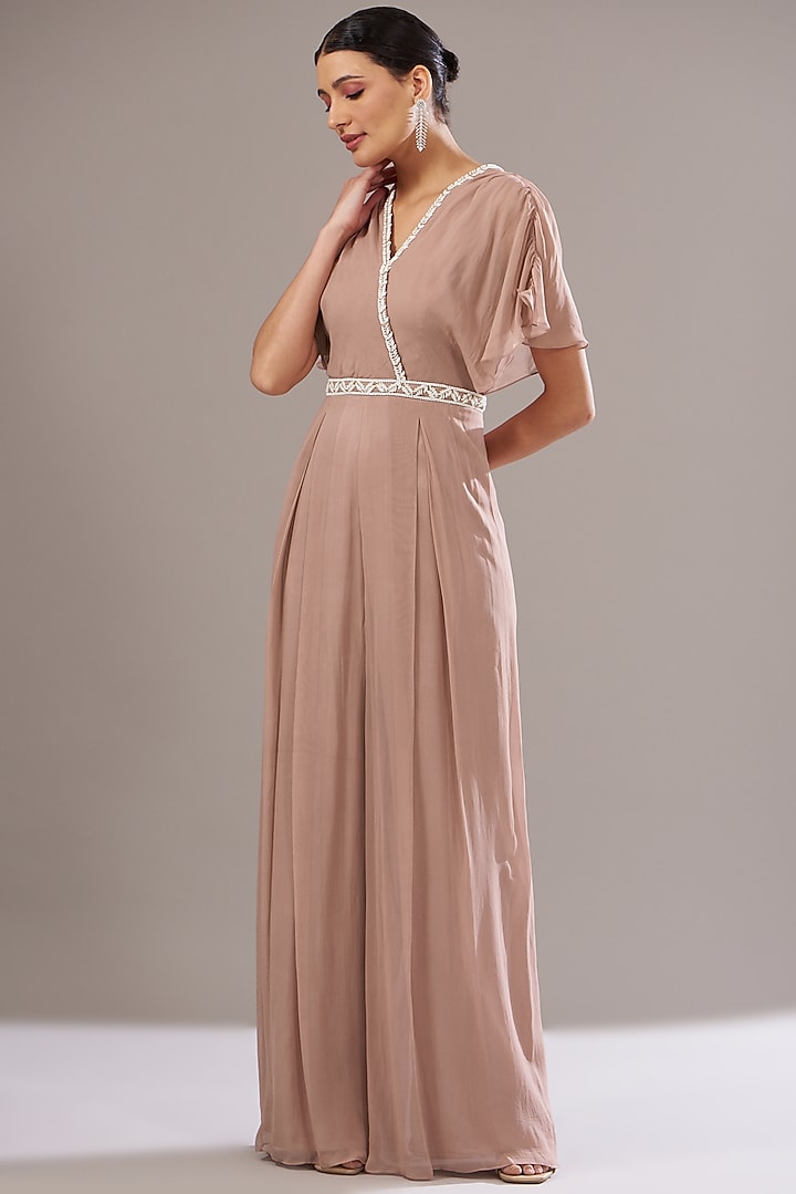Dusty Pink Georgette Pre-Draped Embroidered Jumpsuit by Seema Thukral