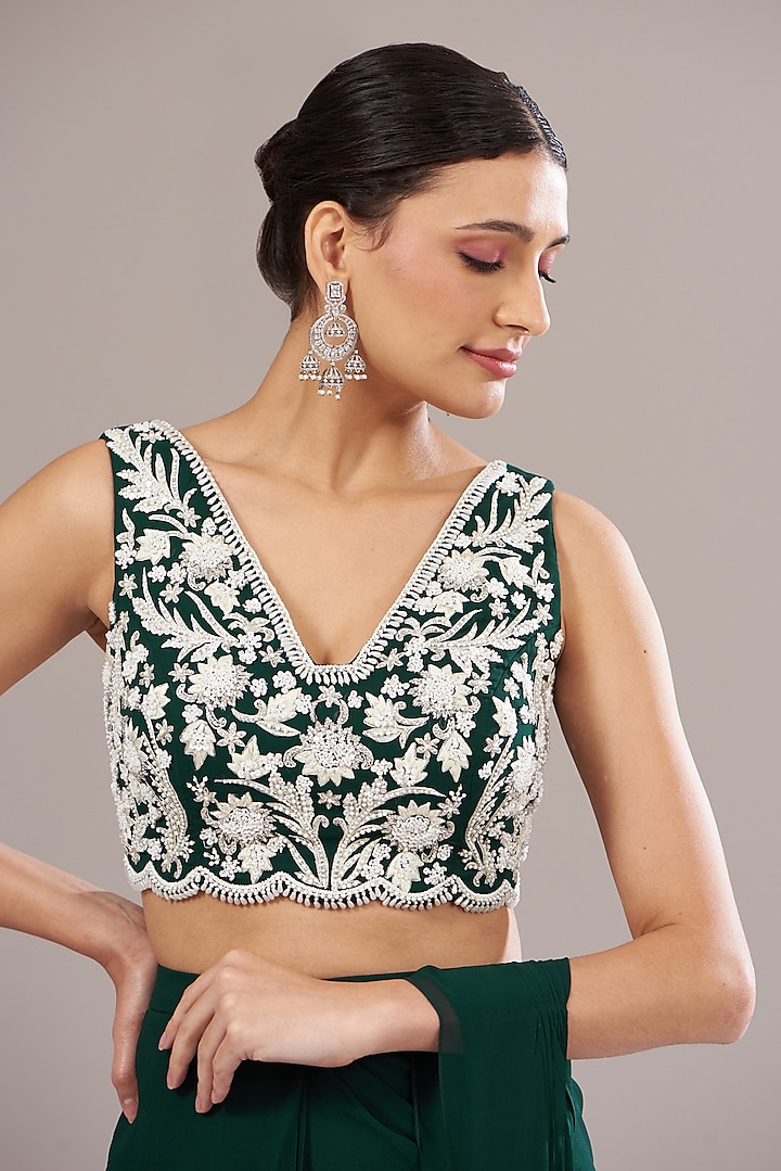 Emerald Green Georgette Draped Wedding Saree Set by Seema Thukral at Pernia's Pop Up Shop